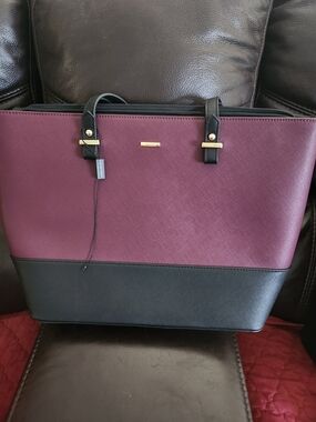 Two-Tone Plum and Black Tote with Gold Accents